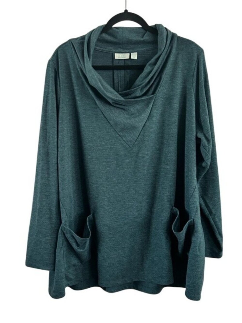LOGO Lounge Lori Goldstein Cozy Cowl Neck Pocket Long Sleeve Shirt Teal Green 2X